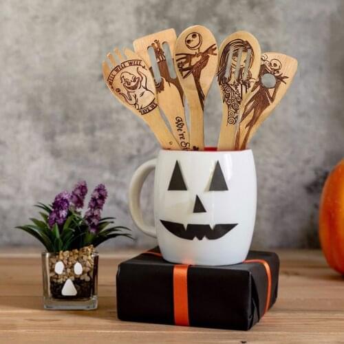 5PCS Halloween Bamboo Wood Wok Shovels Slotted Spatula Spoon Mixing Holder Cooking Utensils Dinner Kitchen Shovels Supplies Deco