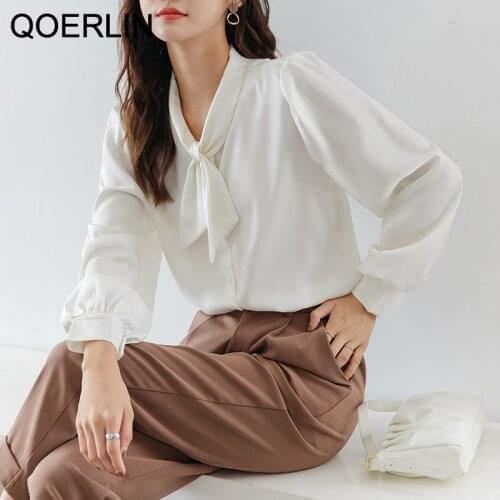 QOERLIN Fashion Woman Blouses 2021 Womens Shirt Plus Size Bow Full Sleeve White Shirts Female Workwear Button Up Office Ladies