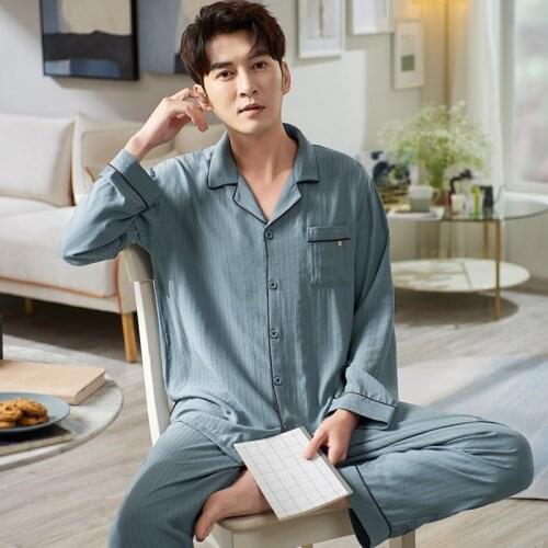 Men Woven Cotton Nightwear Suit Autumn Solid Color Long Sleeve Pajamas Casual Cardigan Homewear Plus Size M-3XL Pijama Hombre