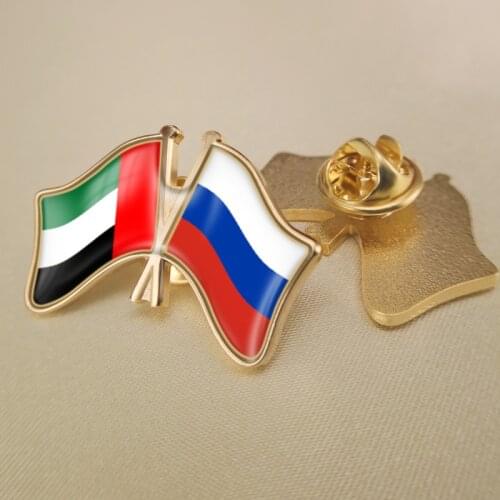 United Arab Emirates and Russian Federation Crossed Double Friendship Flags Lapel Pins Brooch Badges