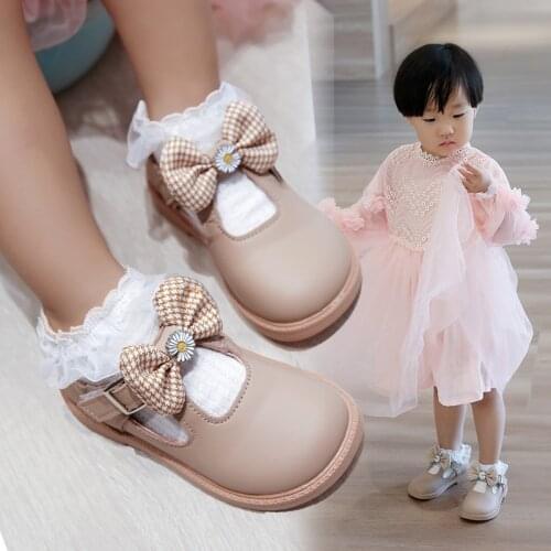 Girls Shoes Flower T Strap Leather Shoes Kids Plaid Butterfly Princess Shoes Non-slip Children Party Shoes Toddler Autumn Spring