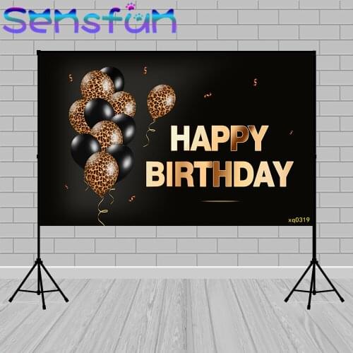 Custom Black Gold Happy Birthday Backdrops Photography Background Leopard Print Balloons Decoration Banner Photobooth Photozone