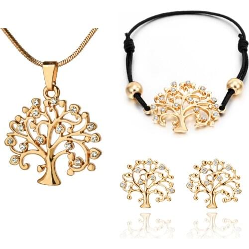 Hot Sale Jewelry Set For Women Silver Plated Tree of Life Wedding Gift Choker Necklace Elastic Adjustable Bracelet Stud Earrings