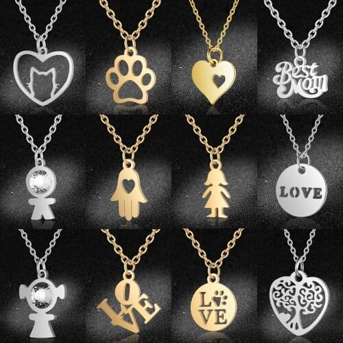 Heart Love Best Mom Charm Necklace Wholesale 100% Stainless Steel Women Girl Boy Bear Cat Paw Hamsa Hand Necklaces Dropshipping