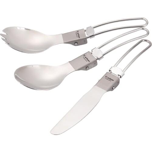 Tiartisan Titanium Folded handle knife Camping Cutlery Portable Picnic Tableware Traveling knife spoon fork set