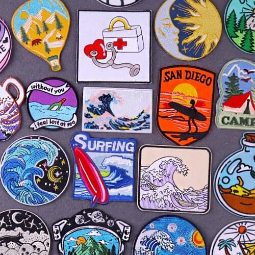 Wave Patch For Clothing Thermoadhesive Patches Adventure Mountain Patch Van Gogh Iron on Embroidery Patches on Clothes Appliques