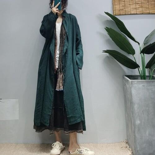 Women Trench 2021 Autumn Winter New Casual Loose Coat Tops Ladies Cardigan Drawstring pocket Retro Long Trench