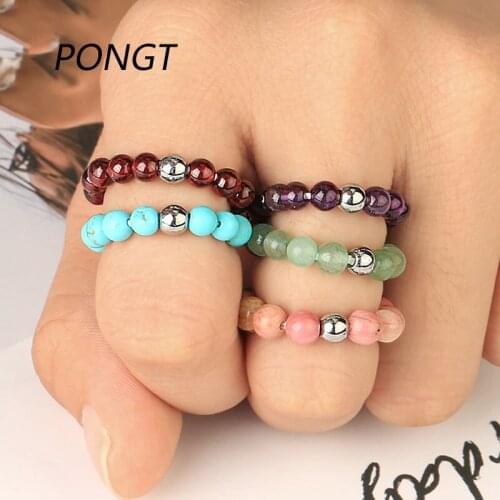 PONGT Natural Stone Elastic Rope Beaded Ring Adjustable Green Aventurine Handmade Stone Ring Fashion Party Finger Jewelry