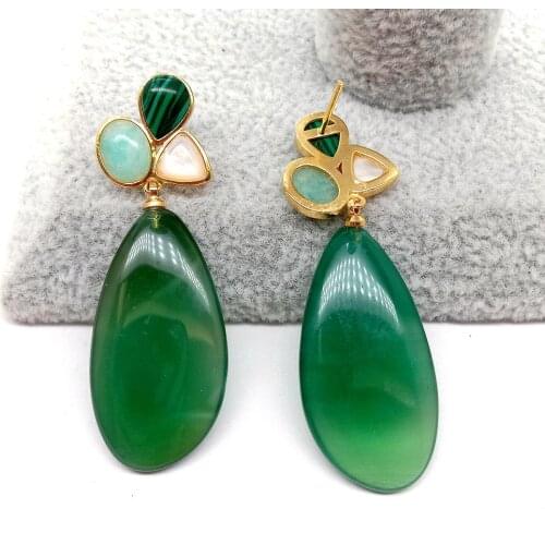 YYGEM Geometric Green Agate White Shell Peruvian Amazonite Stud earrings luxury style for women