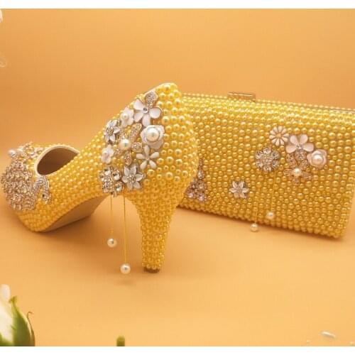 Gold pearl Peacock Women wedding shoes with matching bags female shoes Party dress shoes Bride high heels platform shoes