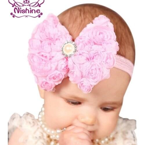 Nishine 1Pcs Girls Pearl Double Layer Rose Flowers Bowknot Headband Headwear Children Kids Hair Band Head Piece Accessories