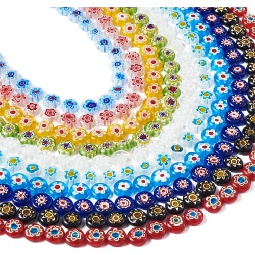 10 Strands Handmade Flat Round Millefiori Glass Bead Strands Mix Color for Jewelry DIY Making ,Hole:1.5mm, about 38pcs/strand