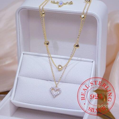 14k Real Gold Double layer Heart Necklace Shining Bling AAA Zircon Women Clavicle Chain Elegant Charm Wedding Pendant Jewelry
