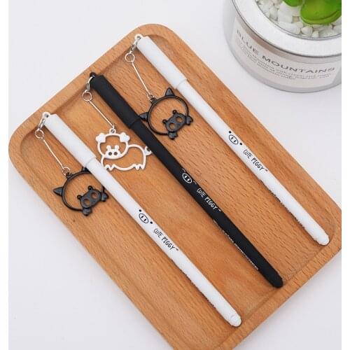 24PCS Creative Cartoon Piggy Metal Pendant Gel Pens Black Water Pen Student Stationery Office Accessories