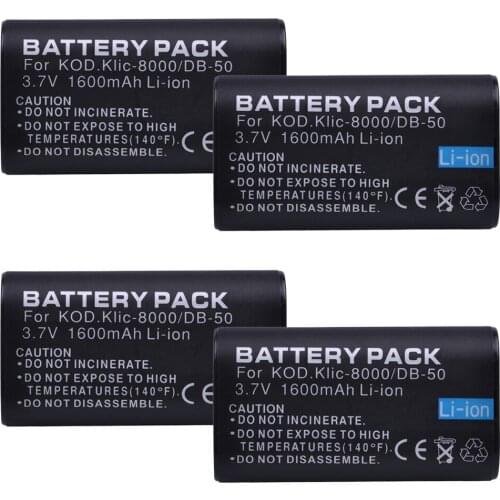 4Pcs 1600mAh Klic-8000 DB-50 Klic 8000 DB50 Battery for Kodak Zx1 ZxD Z612 Z712 Z812 Z1085 Z1015 Z1012 Z1485 Z8612 Zx1 R1 R1S