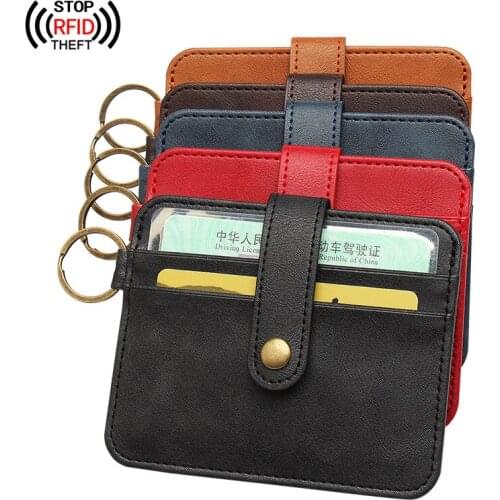 Retro RFID Men Business Bank ID Card Holder Leather Pouch Thin Credit Card Case Portable Drivers License Purse with Key Ring