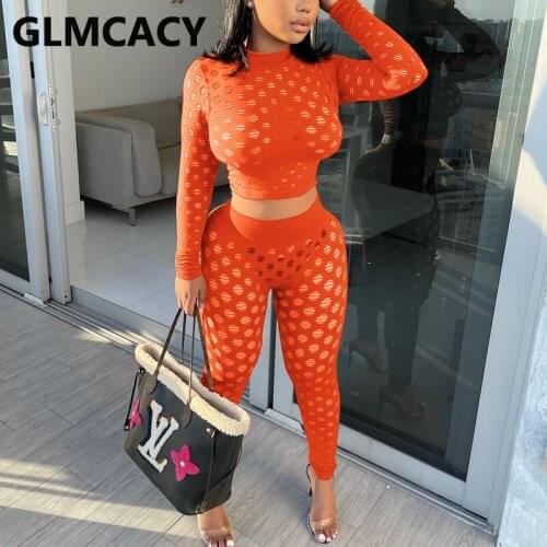 Two Piece Hollow Out Suits Long Sleeve Crop Top & Slim Pants Set Sexy Party Clubwear