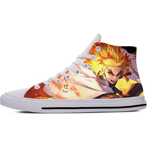 Anime Demon Slayer Kimetsu No Yaiba Rengoku Kyojuro Casual Cloth Shoes High Top Lightweight Breathable Print Men Women Sneakers
