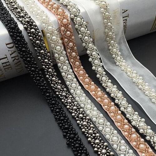 10yards DIY Handmade White Black Champagne Pearl Beaded Lace Mesh Ribbon Applique Sewing Accessories For Clothes Wedding Dress