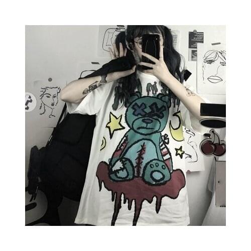 Summer Harajuku Cartoon Print Bear Oversized Loose T-Shirt Korean WomenS Street Hip-Hop Style Tide Ins Short-Sleeved T-Shirt
