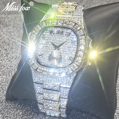 Top Brand MISSFOX Mens Watches Iced Out New Luxury Hip Hop Quartz Wristwatch Full AAA Diamond Bling Business Dive Clocks Jewelry