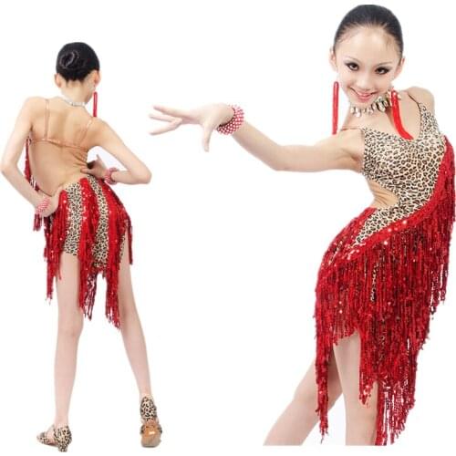 New Sexy Leopard Latin Dance Dress w/Red Shining Sequins Tassels for Girls Salsa/Samba/Chacha/Ballroom Stage Competition Costume