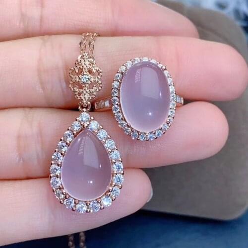 New Design Natural Rose Quartz jewelry set Natural Real Rose Quartz 925 sterling silver 1pc pendant,1pc ring