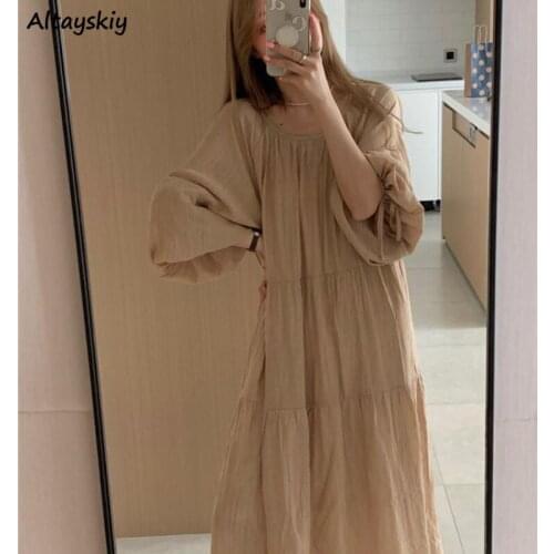 Long Sleeve Dress Women Solid Simple A-line Casual Elegant Female Aesthetic Lovely Tender Basic Holiday Clothing Popular Vestido