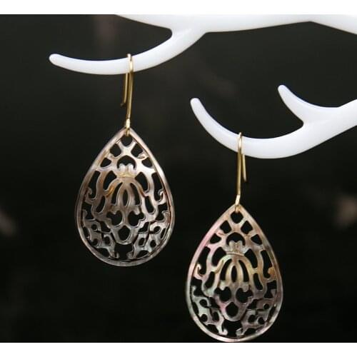 Natural Shell Water Drop Pendant 925 Silver Plated Gold Charms Fancy Hollow Flower Hand of Fatima Carved Earrings Jewelry Gift