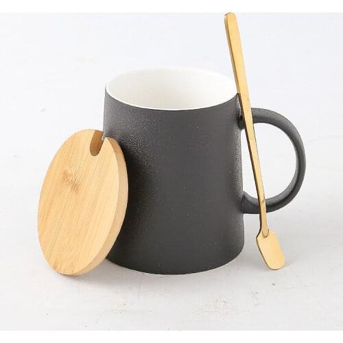 Simple Retro Frosted Pure Black Mug Coffee Cup Ceramic Cup Breakfast Office Cup With Lid Spoon cute coffee mugs and cups gift