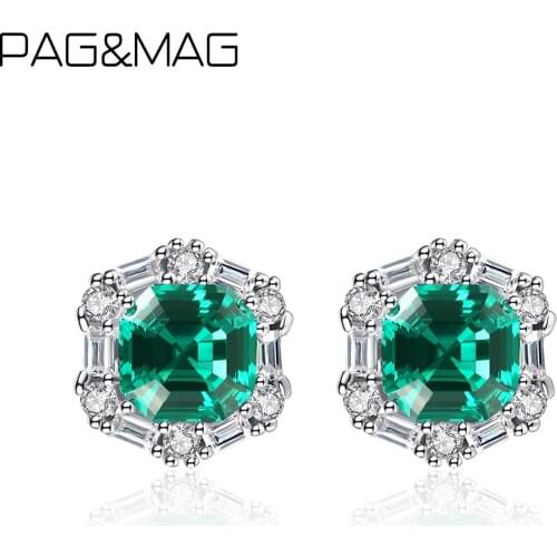 PAG&MAG Trendy Round Emerald Silver 925 Stud Earrings Retor Green Gemstone Earrings Fine Jewelry Pendientes Mujer Moda SE0334