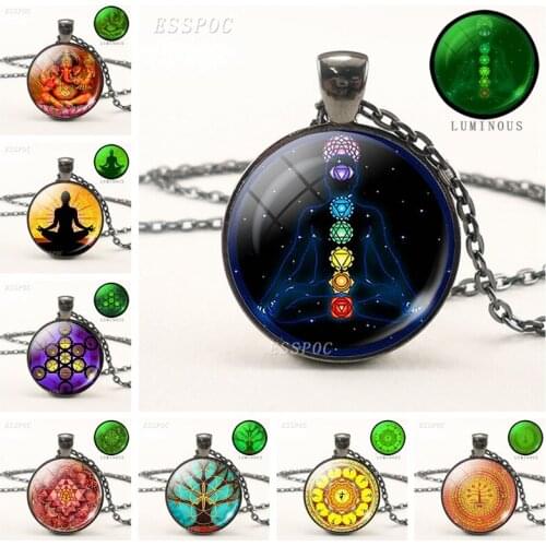 Luminous Necklace Mandala Necklaces Chakra Pendant OM Jewelry for Women Glass Cabochon Pendants Zen Gifts Jewellery