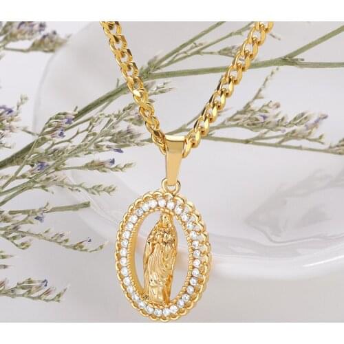 Holy Virgin Mary Pendant Necklace For Women Men Gold Religion Faith Choker Christian Cross Jewelry Cuban Chain Collier Femme