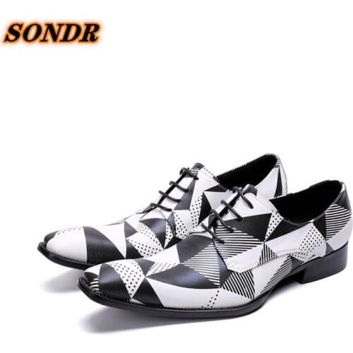 Summer Breathable Men Checkered Dress Office Shoes Genuine Leather Lace Up Square Toe Formal Shoes Zapatillas Para Hombre