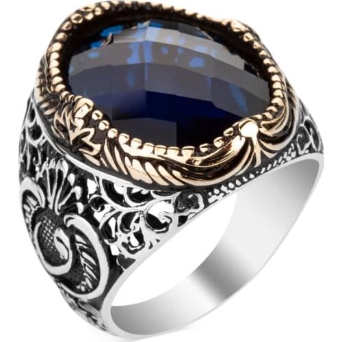 Faceted Handcarved Islamic Jewelery Oval Blue Zircon Gamestone Silver Ring Arabic Letter Vav Motif Men Ring Top Quality Ring