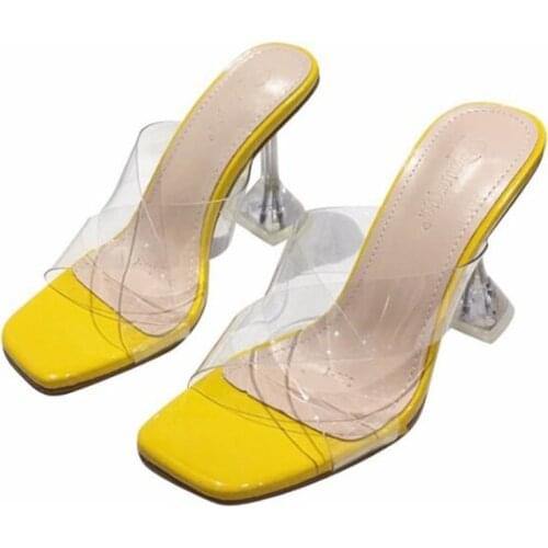 Women Summer Open Toe Comfy Sandals Women Sandals Square Toe PVC Thick High heels Slip On sandal women shoes 2020 size 35-42