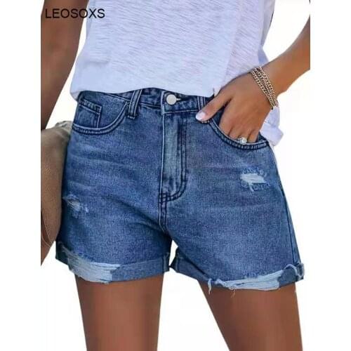2021 Summer New Wash Shorts Dark Cotton Straight Pants Mid Waist Denim Womens Shorts Street Ripped Jeans