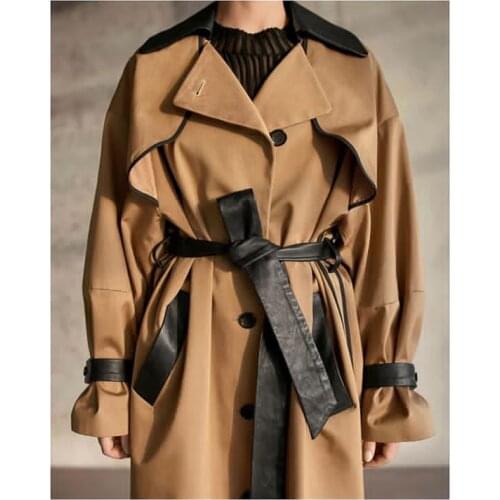 Korea Runway designer 2021 Fall /Autum Leather Patchwork Maxi Long Trench coat with belt Chic Female windbreaker Classic