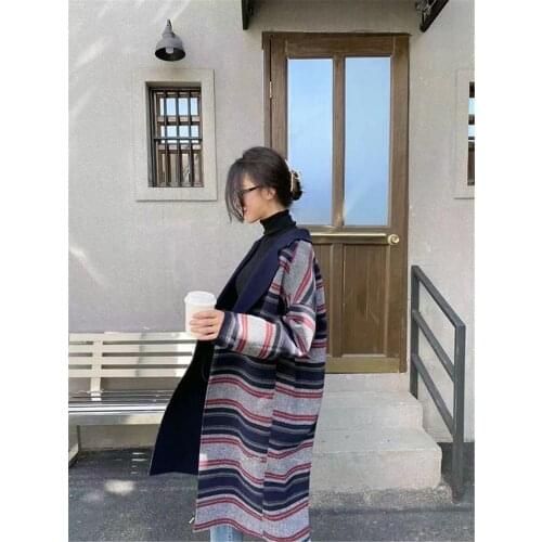 2021 Autumn Winter Plus Size New Striped Double-sided Cashmere Coat Womens Mid-length Woolen Woolen Coat