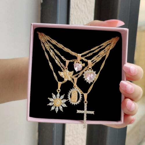 Flatfoosie Trendy Multilayered Heart Cross Crystal Necklace For Women Vintage Portrait Angel Pendant Necklace 2021 Jewelry Gift