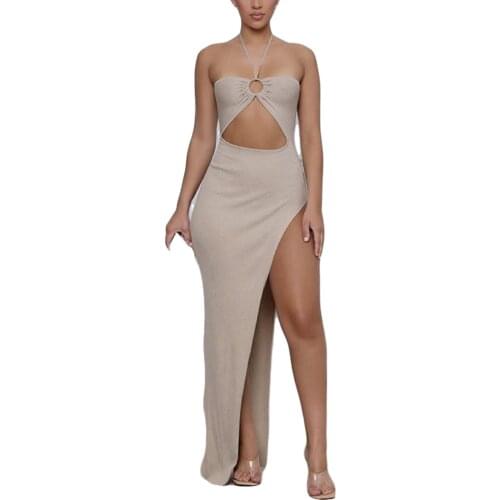 Female Formal Dress, Summer Solid Color Off Shoulder Sleeveless Hollow Out Dress for Women, Khaki/White/Black