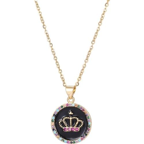 Fashion Golden Stainless Steel Color Zirconia Crown Disc Pendant Necklace For Women Charm Women Initial Necklace