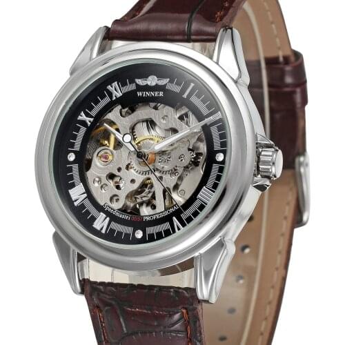 Fashion Winner Top Men Luxury Brand Skeleton Brown Leather Gold Dial Casual Automatic Mechanical Wristwatches Relogio Releges