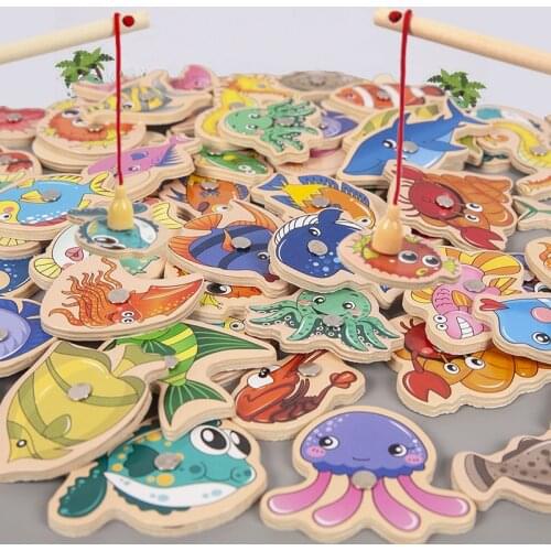 Montessori Wooden Magnetic Fishing Toys For Children Cartoon Marine Life Cognition Fish Games Education Parent-Child Interactive