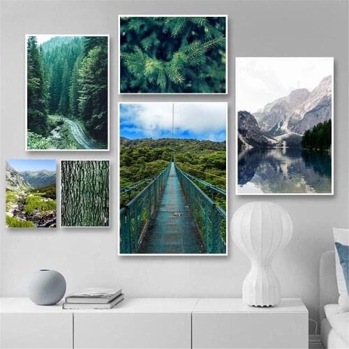 Nordic Leaf Forest Wall Art Poster Mountain Lake Reflection Plank Road Prints Natural Scenery Canvas Paintings Living Room Decor