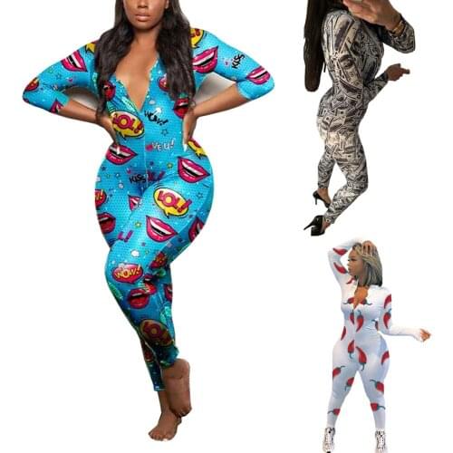 Autumn Winter Women Print Bodysuit Jumpsuits Zipper Collar Long Sleeve One-piece Skinny Long Romper Pants Tracksuit