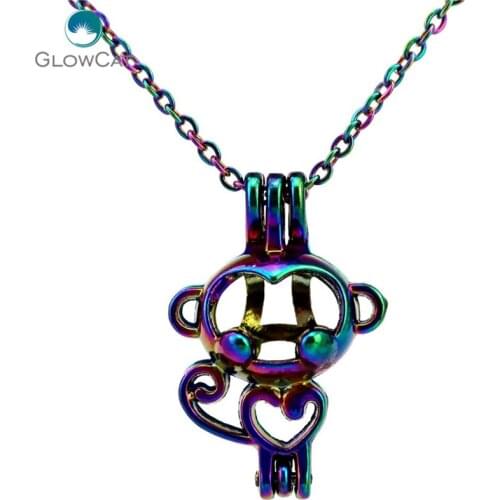 C70 Rainbow Color Heart Monkey bead cage Necklace Pendant Aroma Essential Oil Diffuser Locket Necklace
