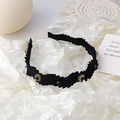 LOVOACC Korea Retro Black Pleated Velvet Headband for Women Bling Rhinestone Irregular Wide Brimmed Hair Band Hair Accessories