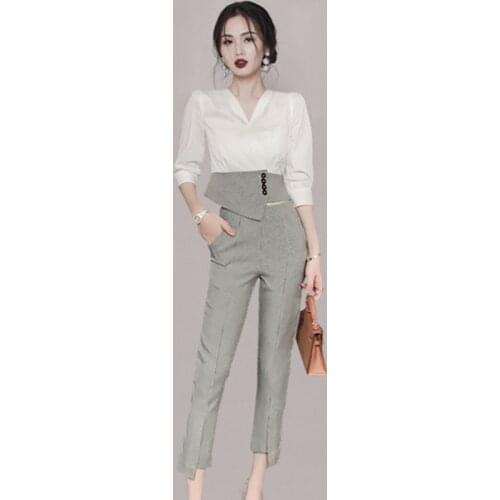 Igh-end Temperament Office Women Professional Suit 2021 Summer New Chic Houndstooth Patchwork Blouse & Pencil Pants 2-Piece Set