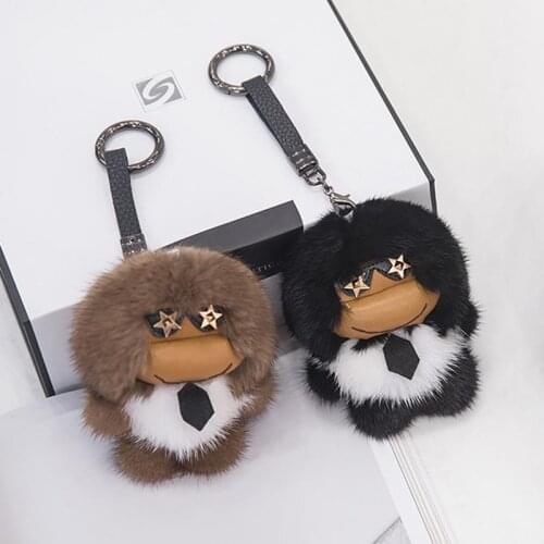 Punk Style Keychain Luxury Real Mink Fur Cartoon Rabbit For Mens Car Ornaments Charm Lady Holder Bag Accessories Pendant Chains